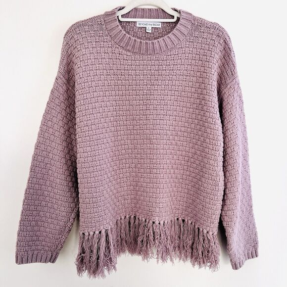 Beyond the Radar Sweaters - Beyond the Radar Purple Tight Knit Fringed Cozy Fall / Winter Sweater ~ Large